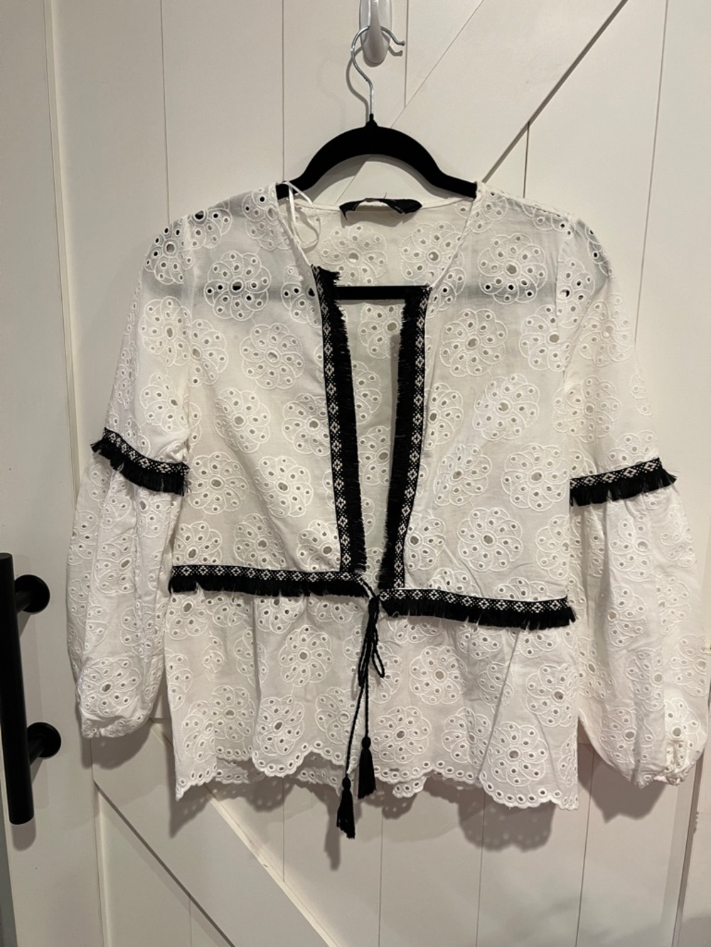 Zara White Eyelet Peasant Blouse with Black Trim